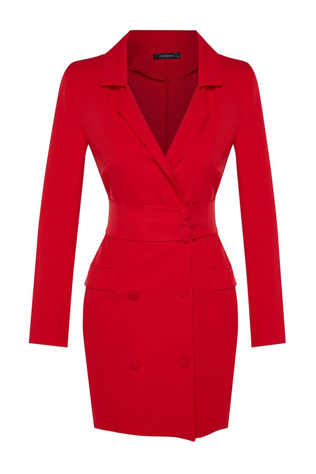 Red Mini Button Woven Dress, , large image number 6