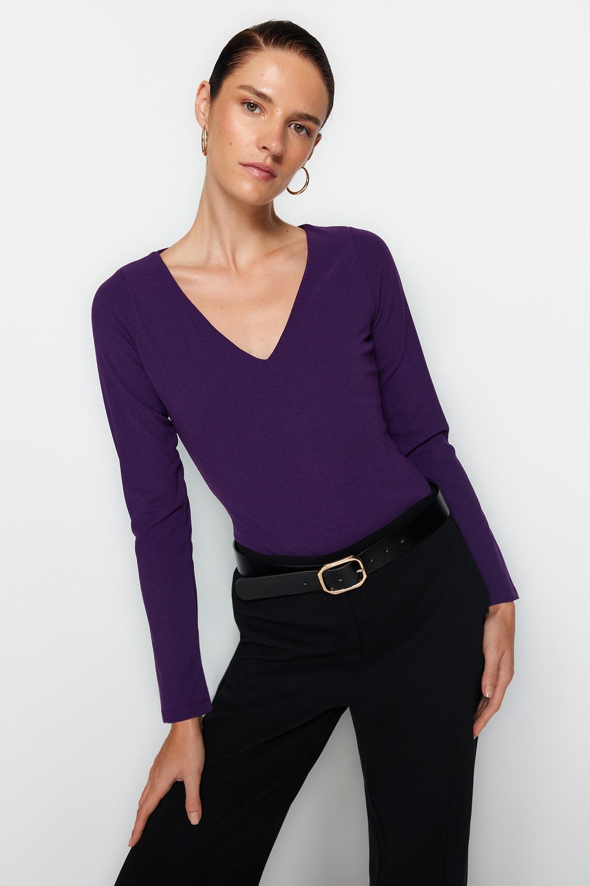 Trendyol - Purple V-Neck Knitted Body