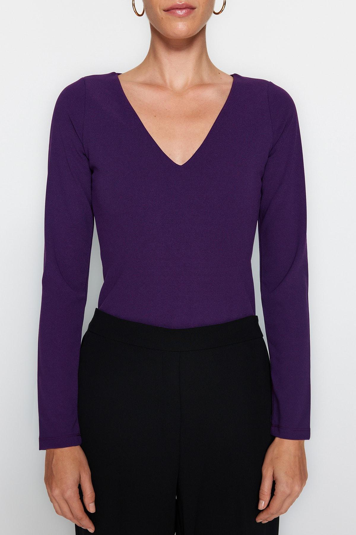 Trendyol - Purple V-Neck Knitted Body