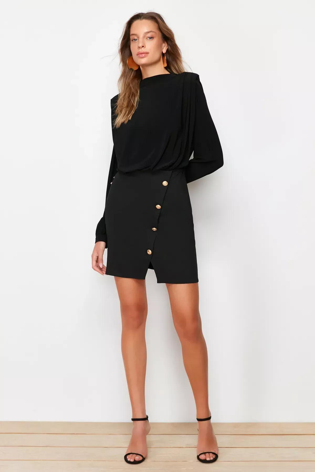 Black Buttoned Woven Dress, BLACK, large image number 0