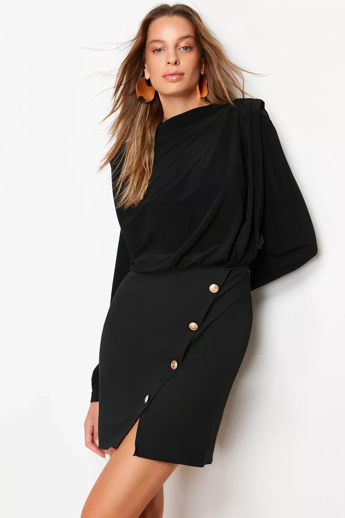 Black Buttoned Woven Dress, BLACK, medium