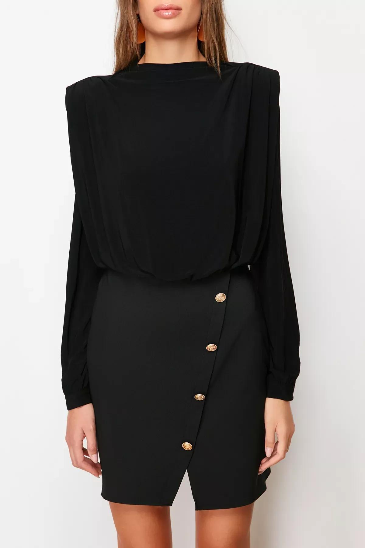 Black Buttoned Woven Dress, BLACK, large image number 3
