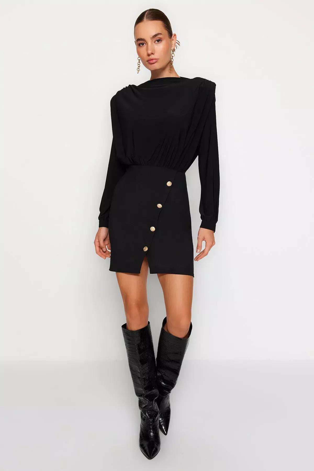 Black Buttoned Woven Dress, BLACK, large image number 5