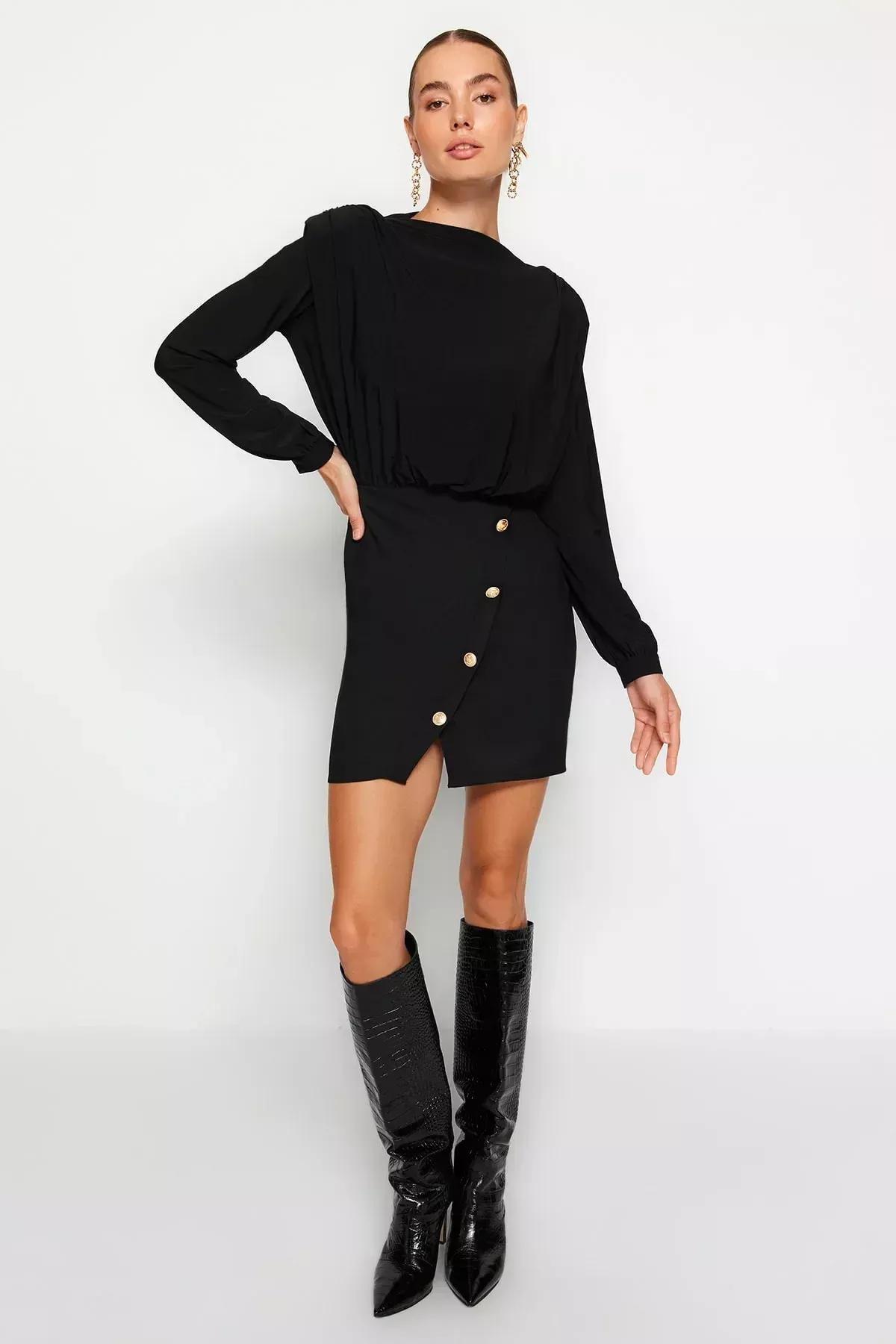 Black Buttoned Woven Dress, BLACK, large image number 6