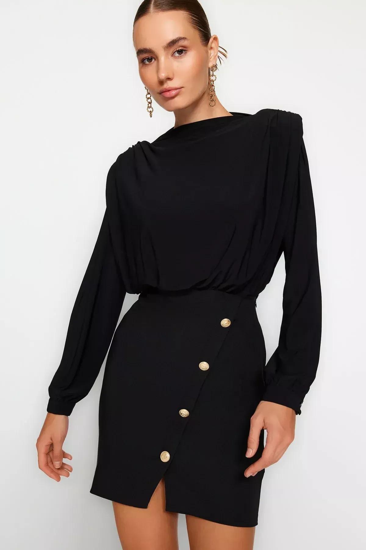 Black Buttoned Woven Dress, BLACK, large image number 7