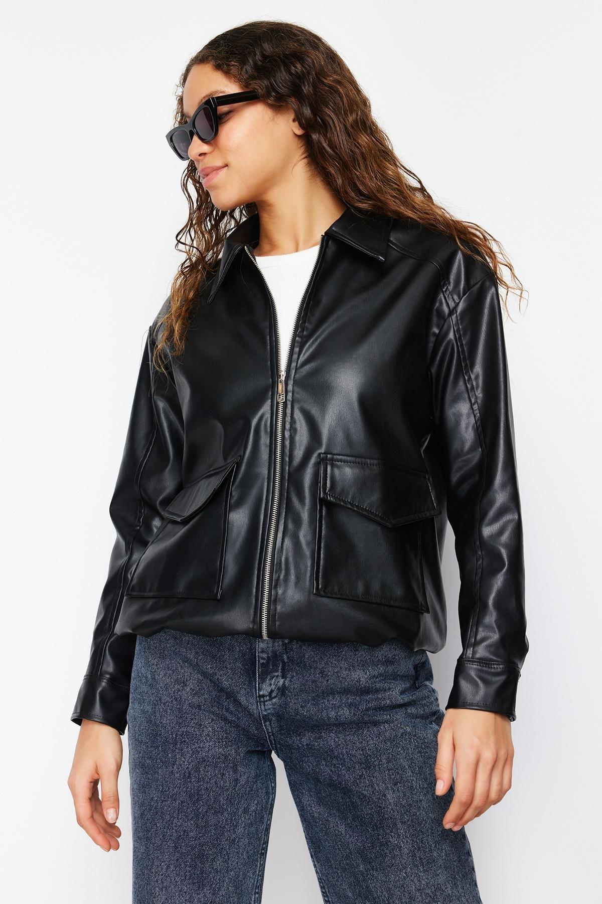 جاكيت جلد بقصة فضفاضة، أسود, BLACK, large image number 2