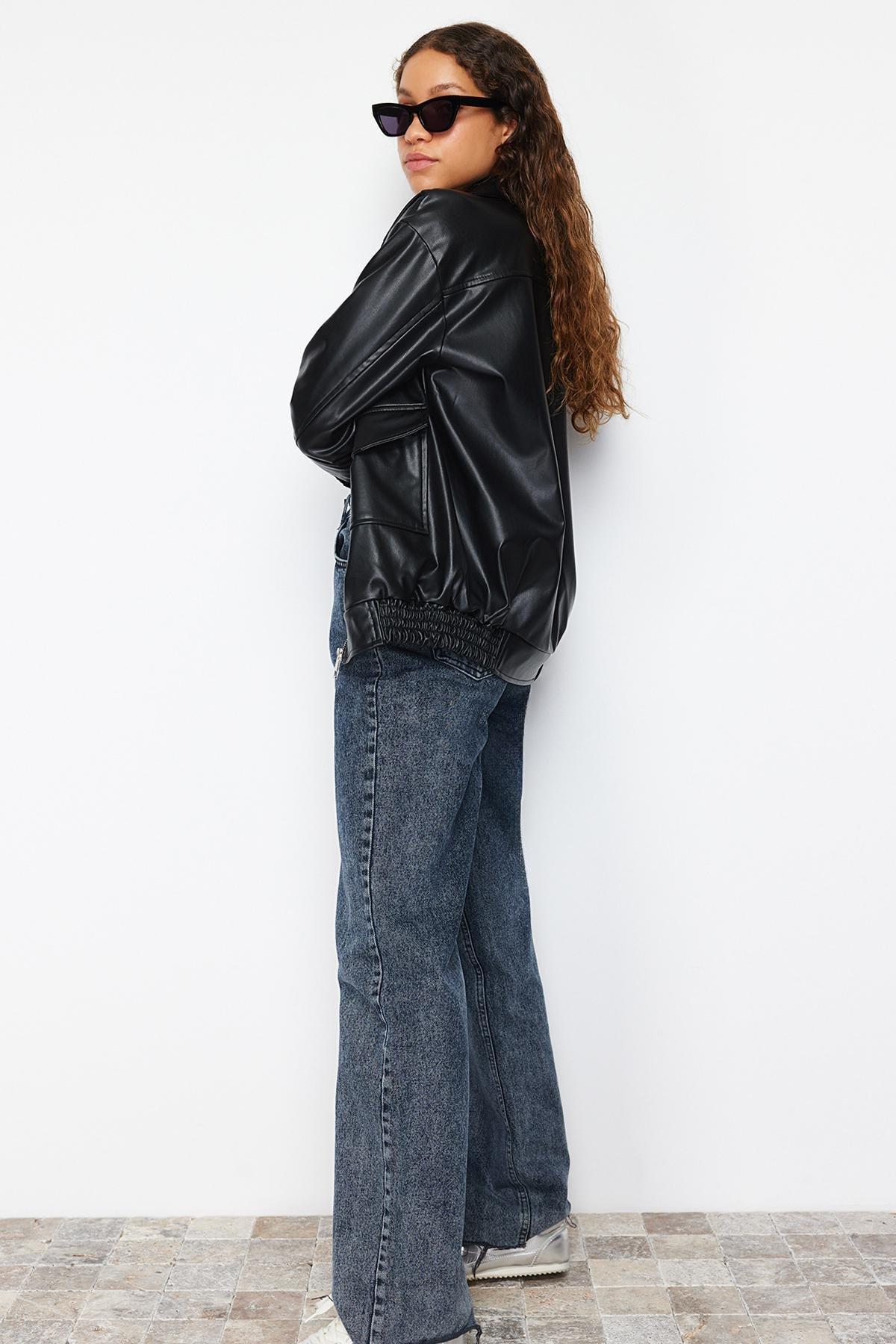 جاكيت جلد بقصة فضفاضة، أسود, BLACK, large image number 4