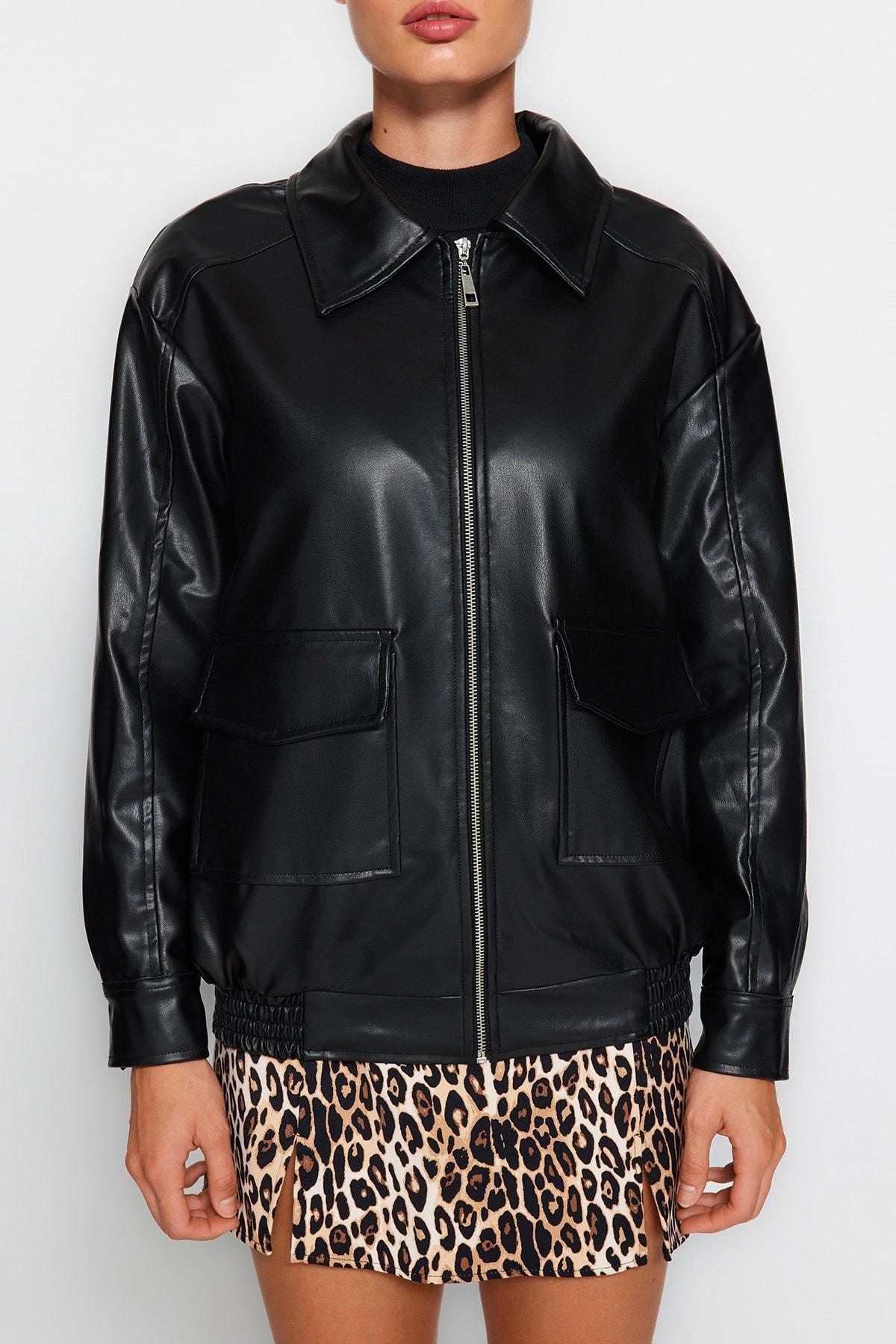 جاكيت جلد بقصة فضفاضة، أسود, BLACK, large image number 5