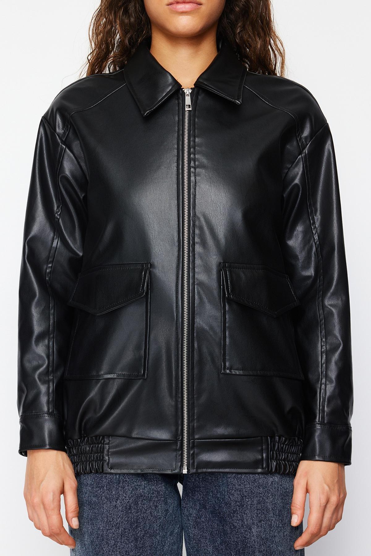 جاكيت جلد بقصة فضفاضة، أسود, BLACK, large image number 6