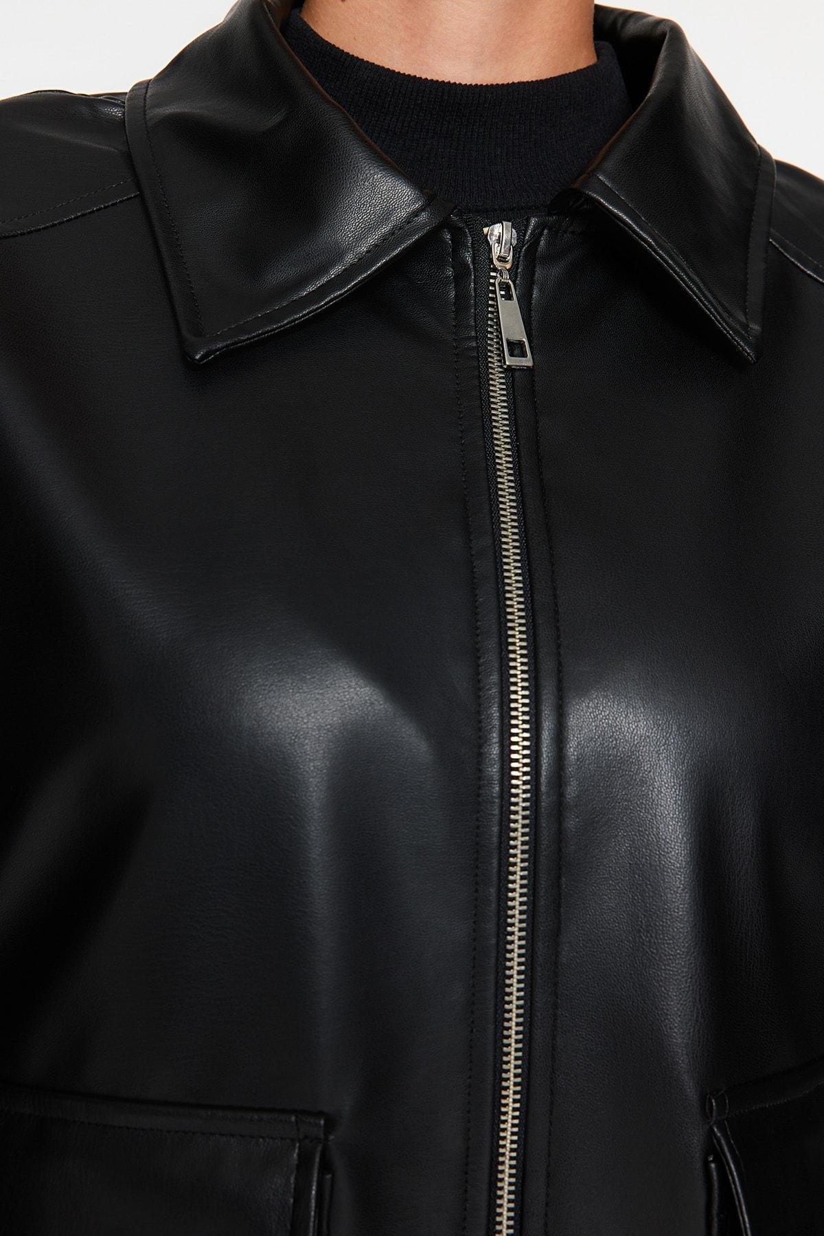 جاكيت جلد بقصة فضفاضة، أسود, BLACK, large image number 7