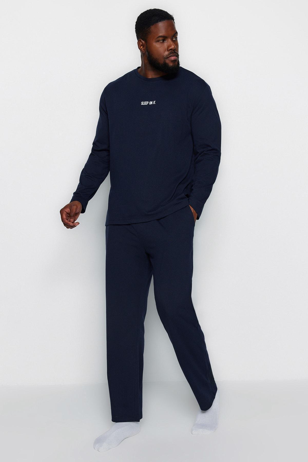 Trendyol - Navy Printed Knitted Plus Size Pyjamas Set