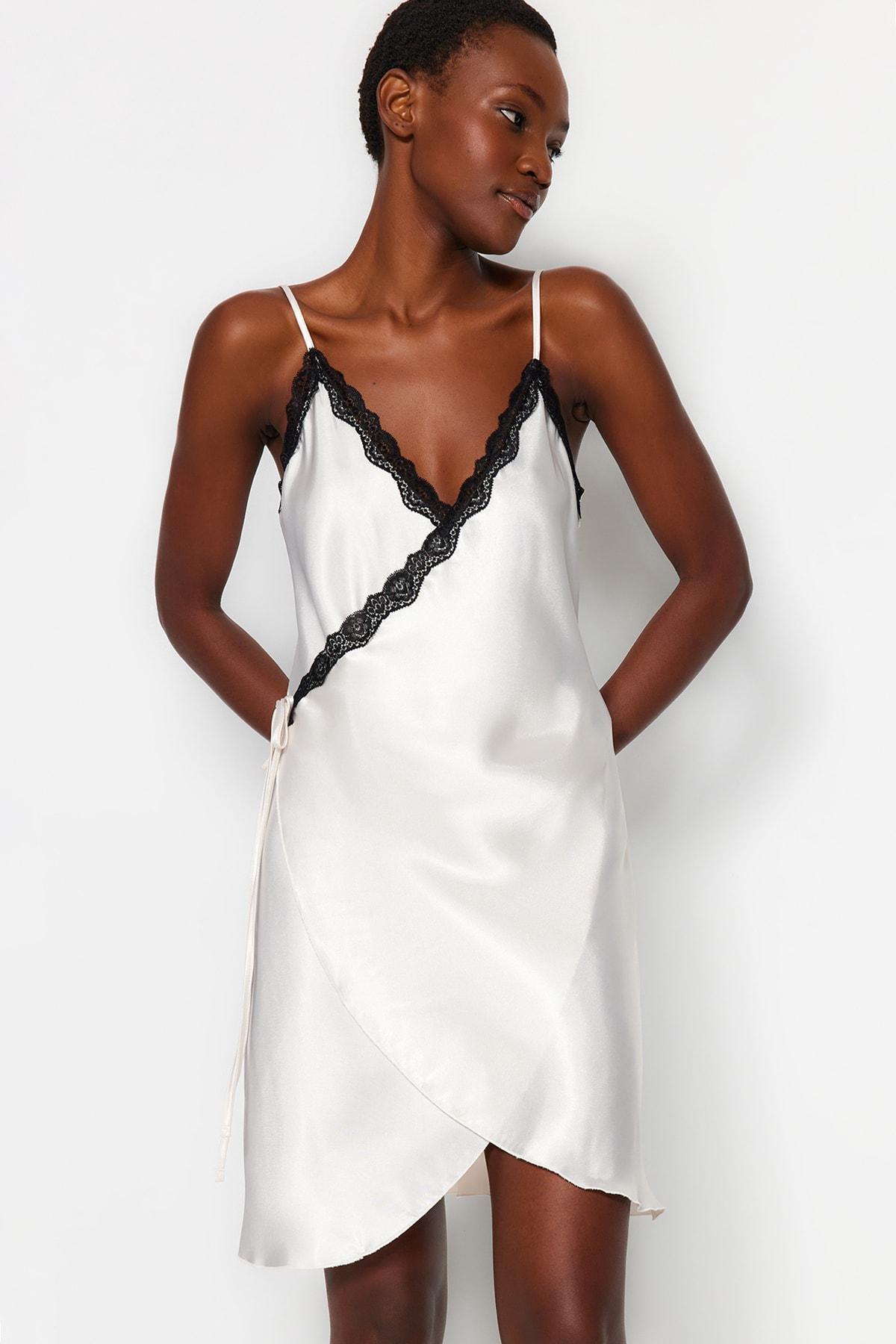 White Double-Breasted Satin Nightgown, , large image number 0