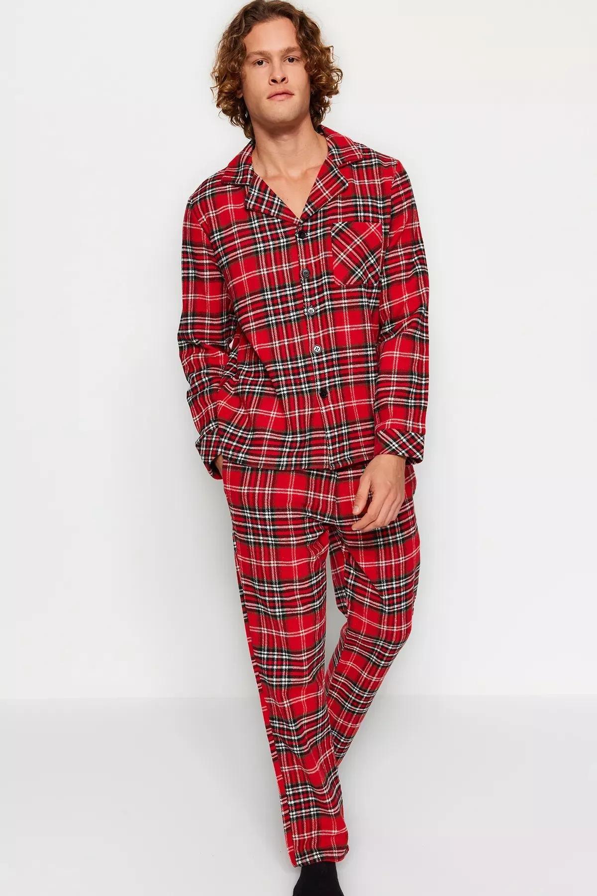 Red Plaid Weave Pyjamas Set, Red, medium