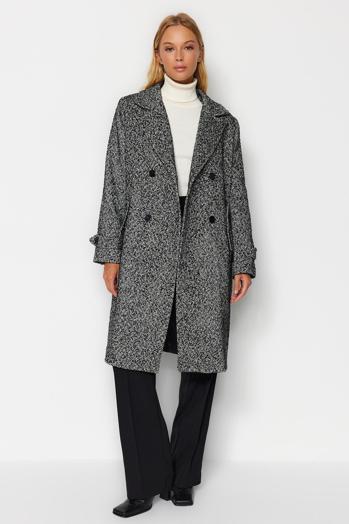Black Oversized Herringbone Long Coat, , large image number 0
