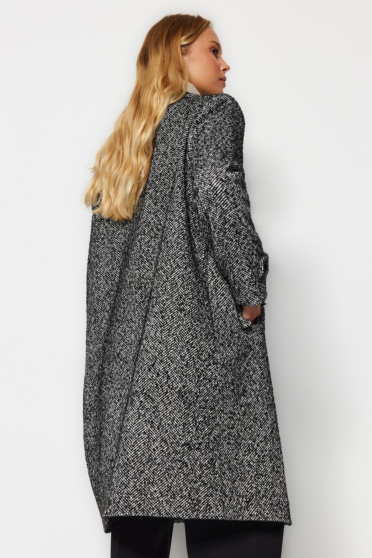 Black Oversized Herringbone Long Coat, , large image number 1