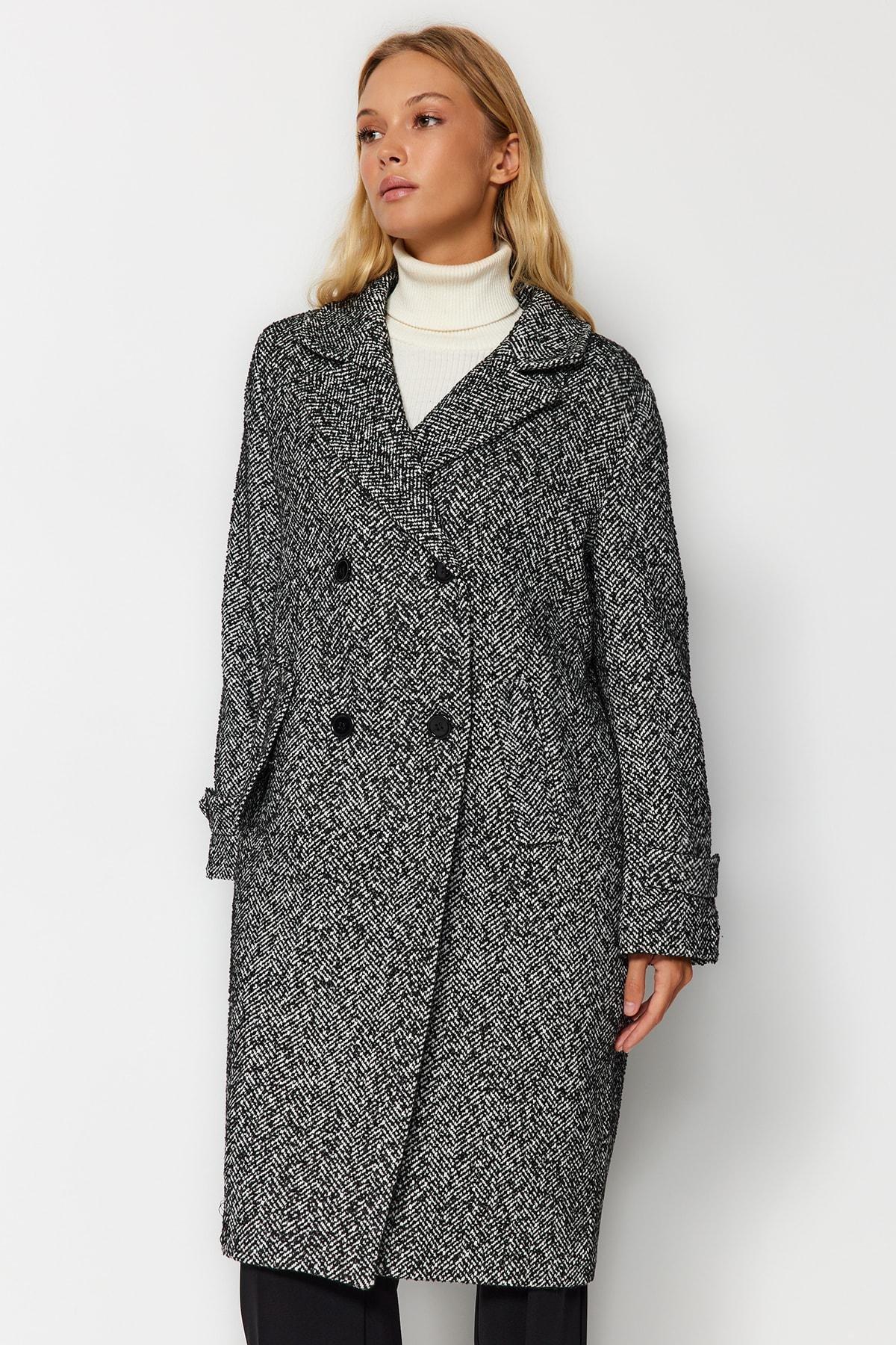 Black Oversized Herringbone Long Coat, , large image number 2