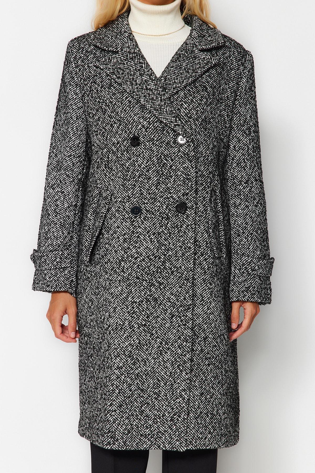 Black Oversized Herringbone Long Coat, , large image number 4