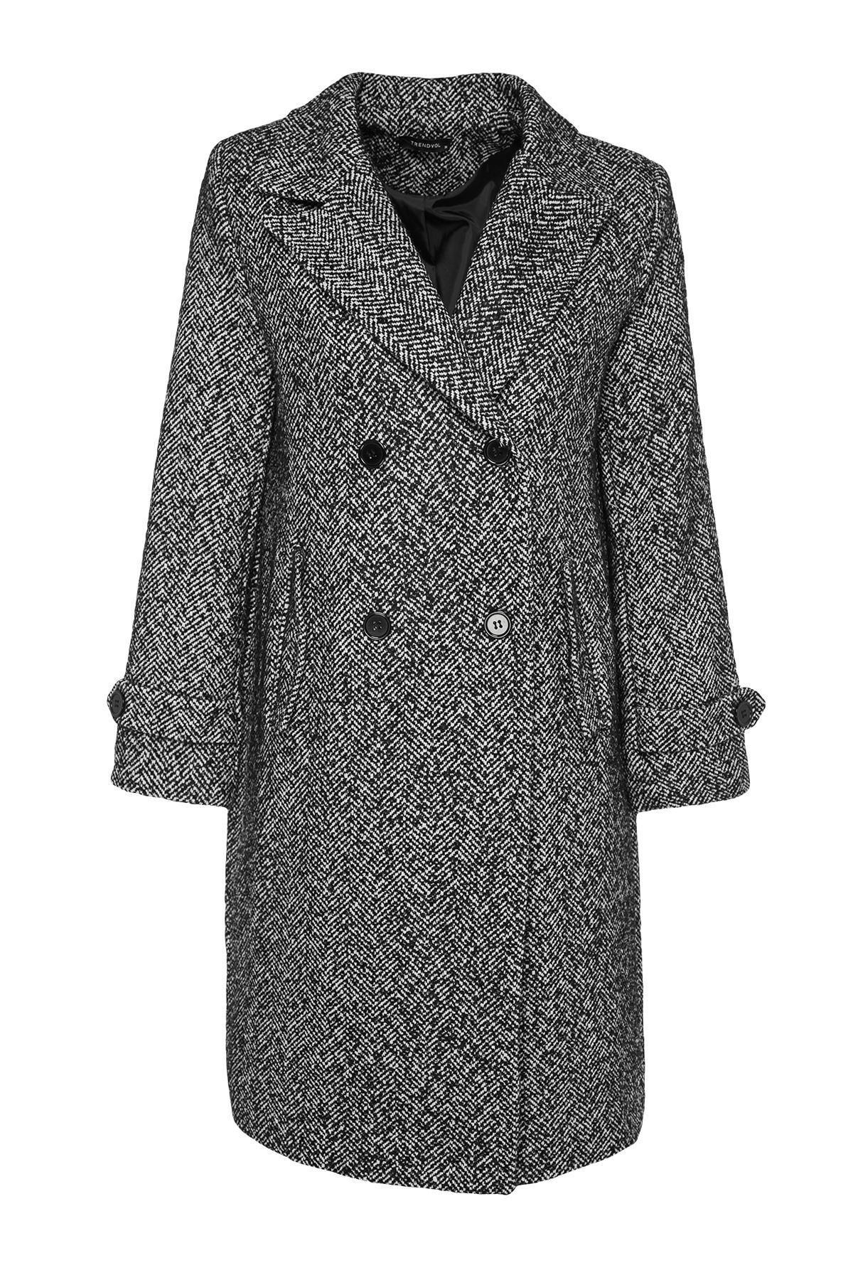 Black Oversized Herringbone Long Coat, , large image number 5
