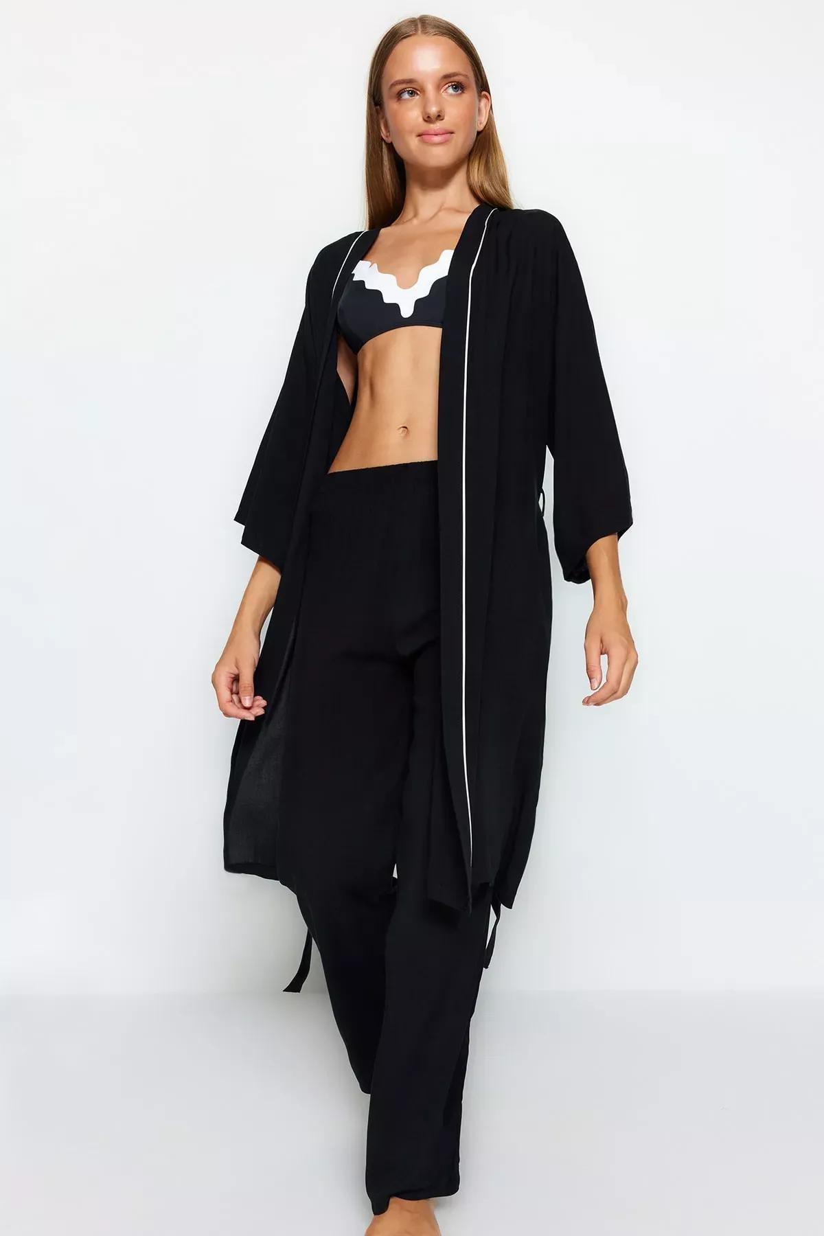 طقم بيجاما منسوج بقصة فضفاضة، أسود, BLACK, medium