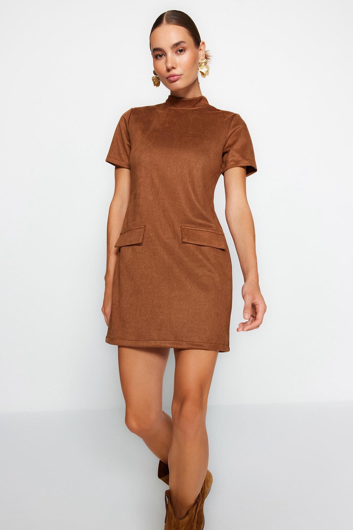 Trendyol - Brown Collared Suede Knitted Dress