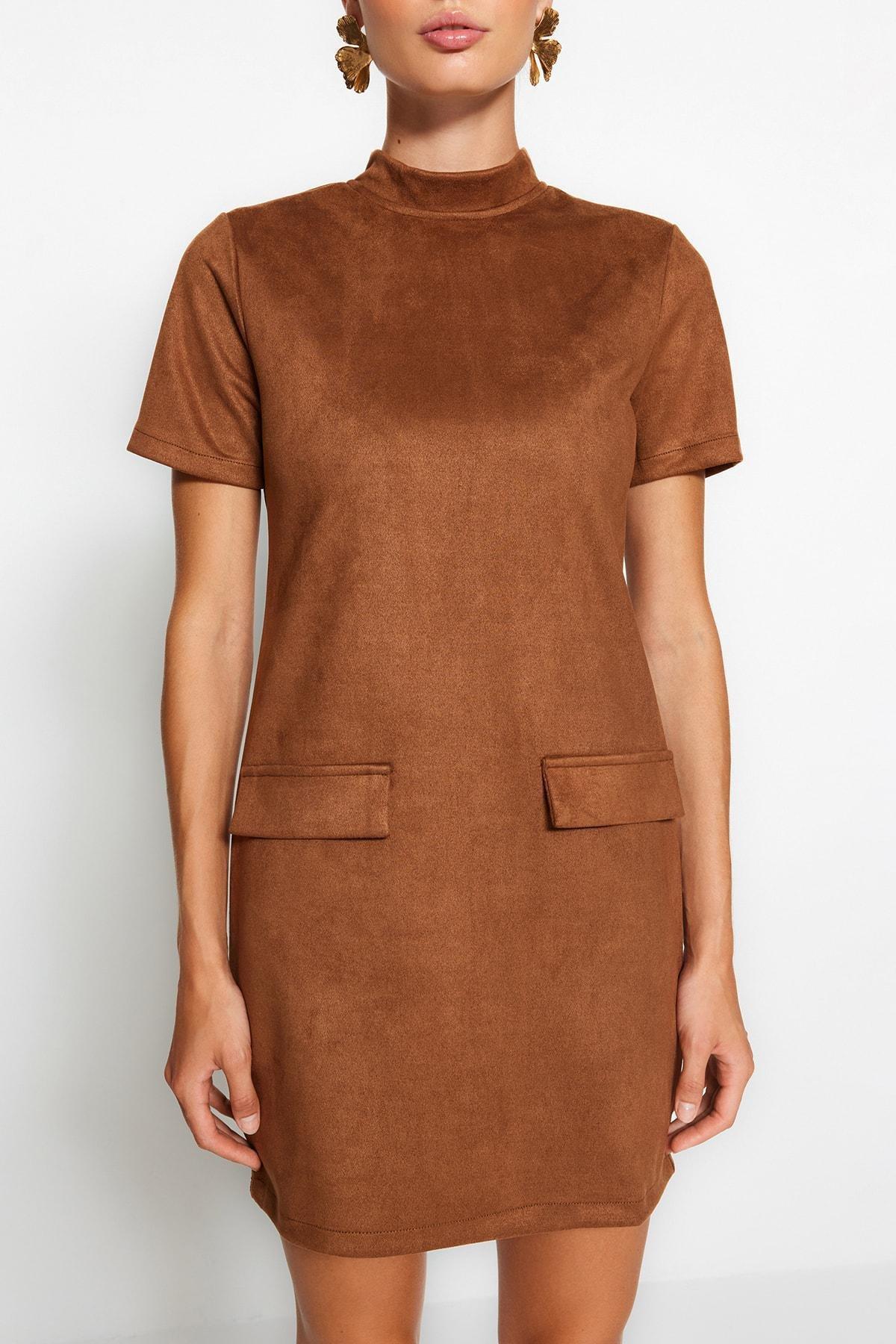 Trendyol - Brown Collared Suede Knitted Dress