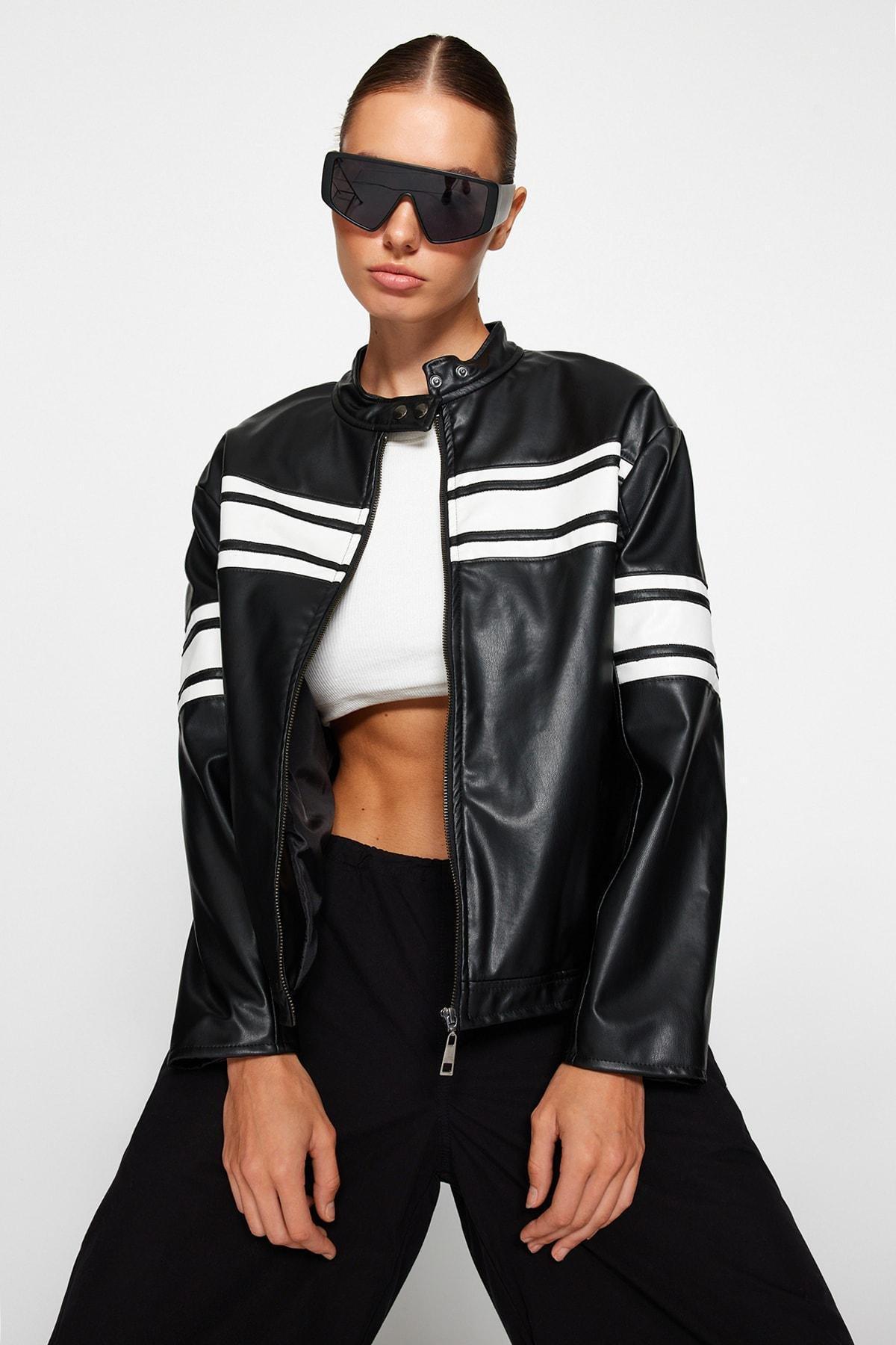 Black Oversized Racer Leather Jacket, , large image number 0