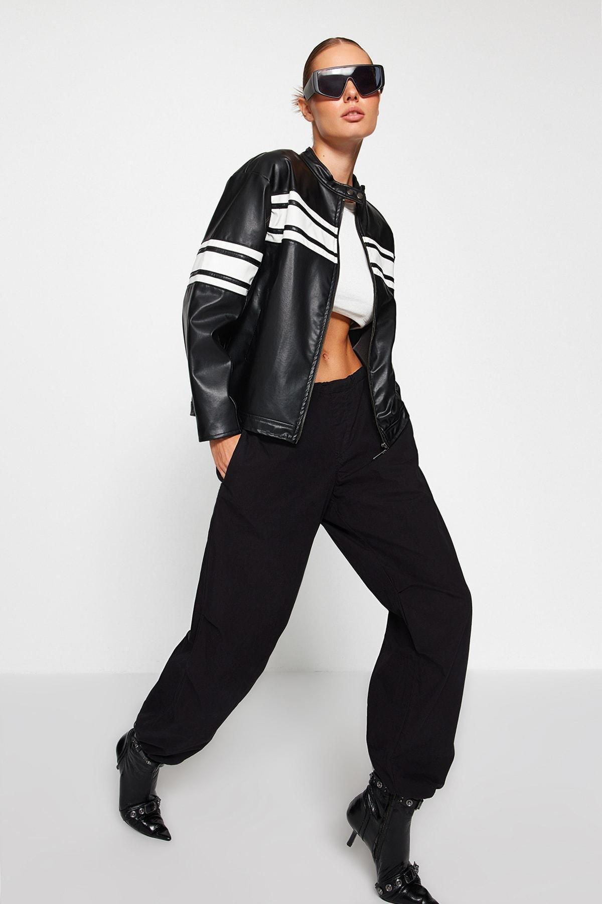 Black Oversized Racer Leather Jacket, , large image number 1