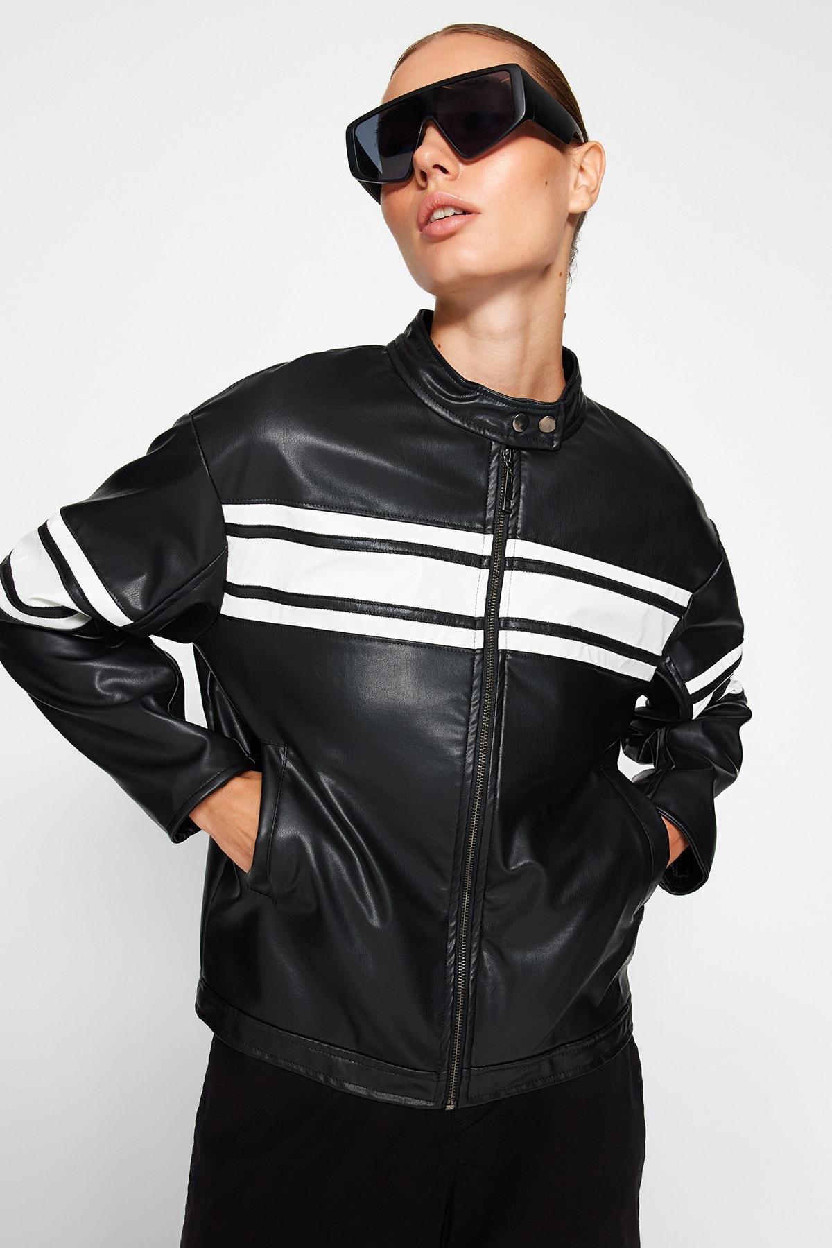 Black Oversized Racer Leather Jacket, , large image number 2