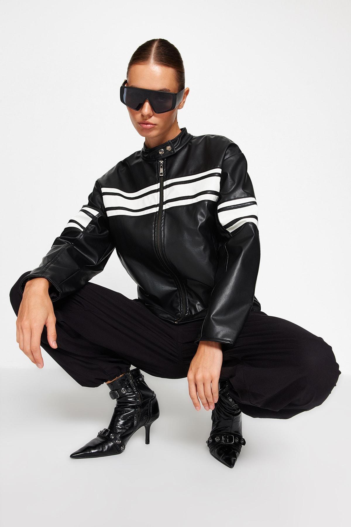 Black Oversized Racer Leather Jacket, , large image number 3