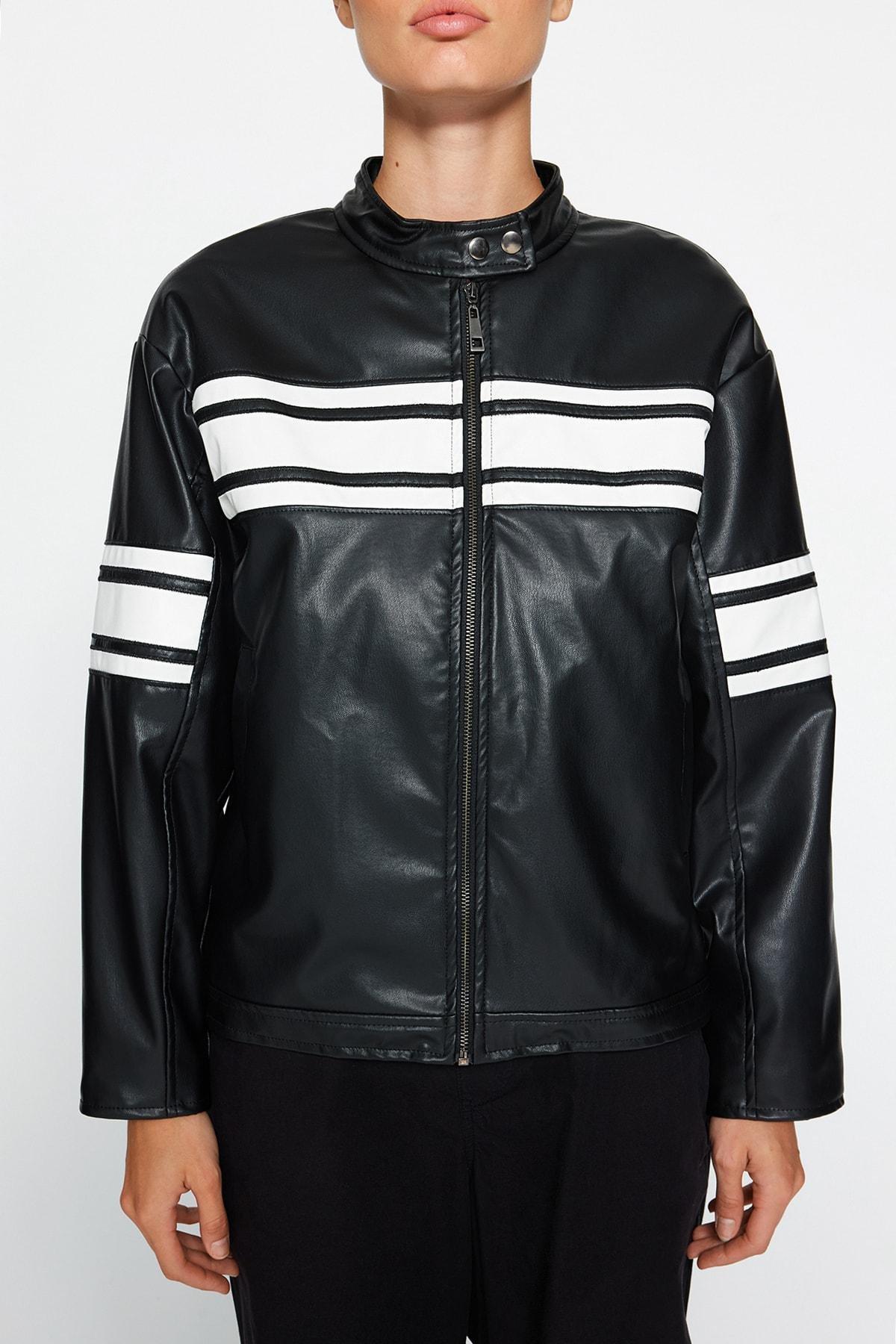 Black Oversized Racer Leather Jacket, , large image number 4