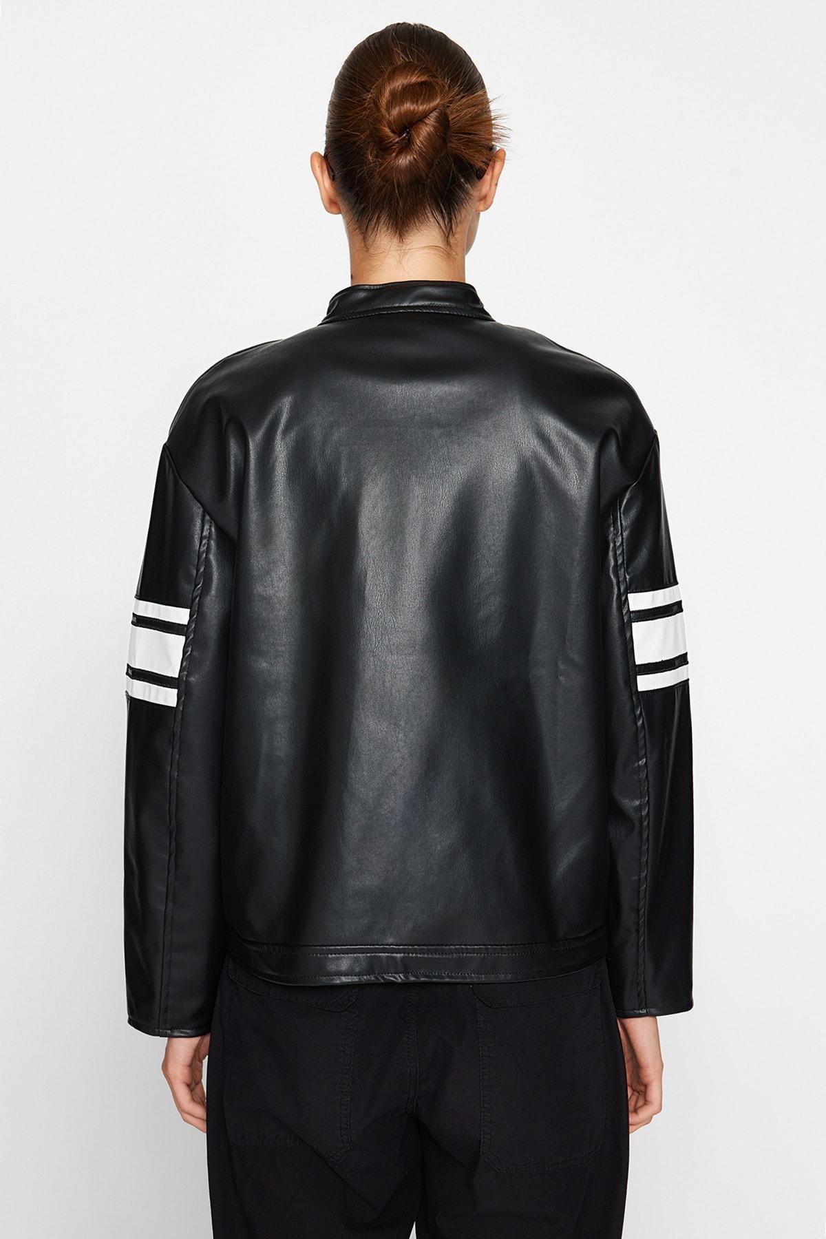 Black Oversized Racer Leather Jacket, , large image number 5