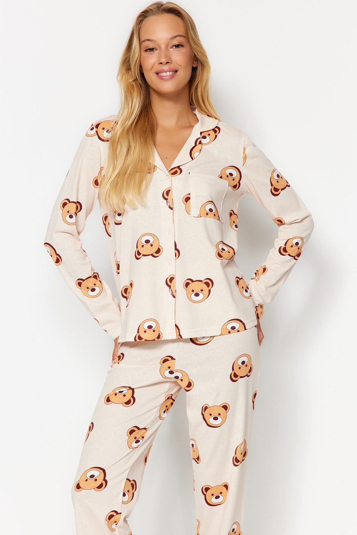 Ecru 100% Cotton Teddy Bear Patterned Shirt-Pants Knitted Pajama Set THMAW24PT00002, 2s, , large image number 0