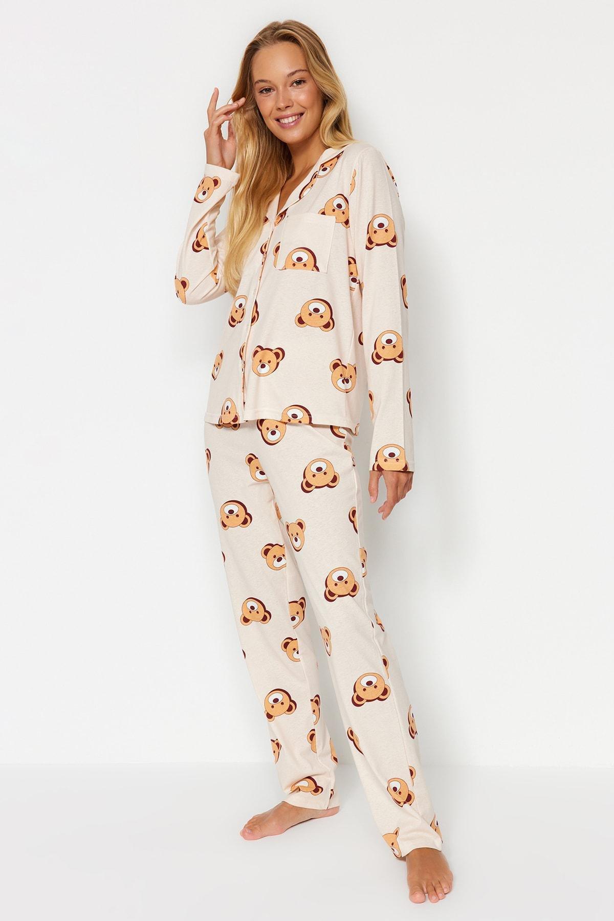 Ecru 100% Cotton Teddy Bear Patterned Shirt-Pants Knitted Pajama Set THMAW24PT00002, 2s, , large image number 1