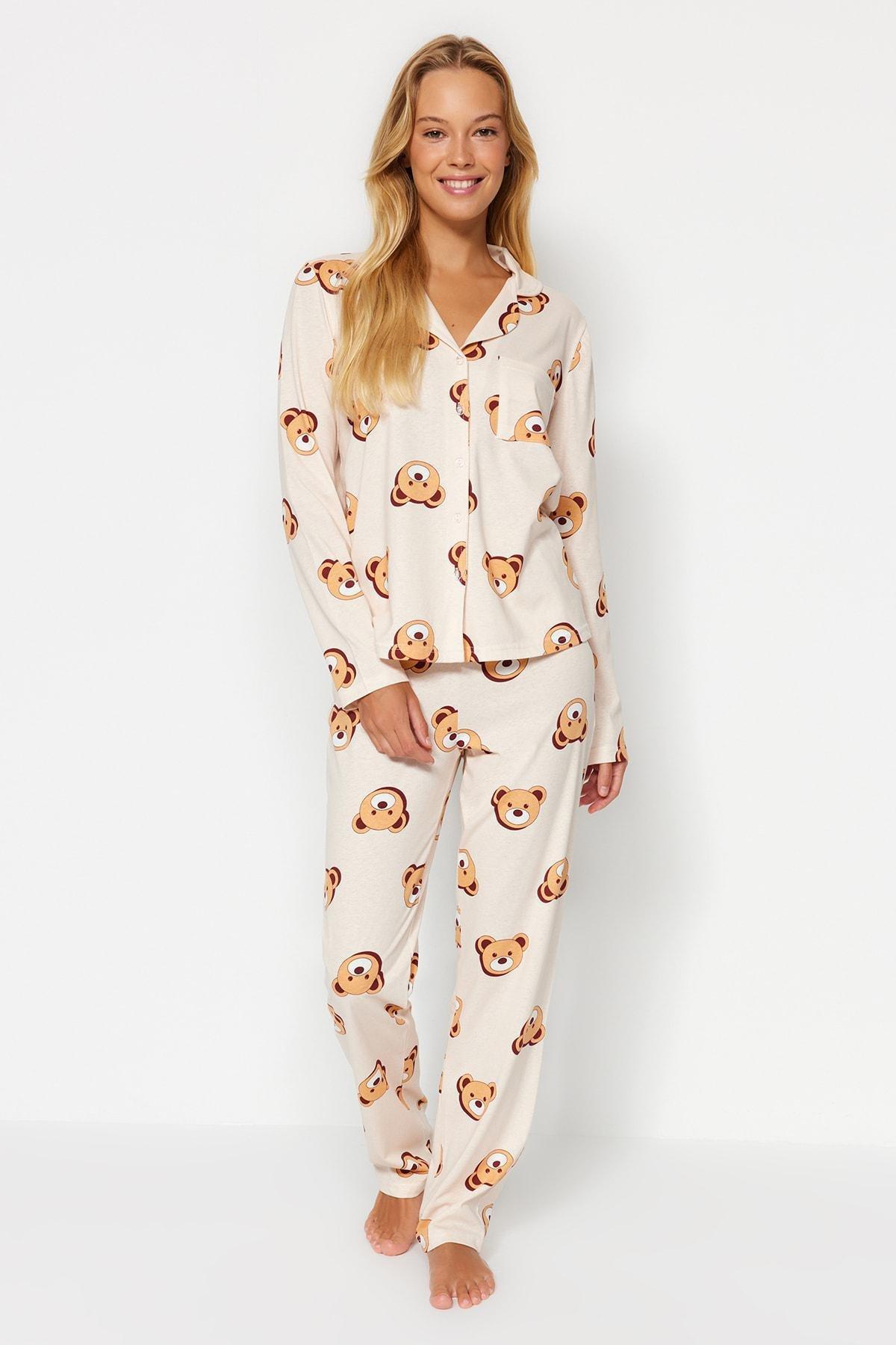 Ecru 100% Cotton Teddy Bear Patterned Shirt-Pants Knitted Pajama Set THMAW24PT00002, 2s, , large image number 2