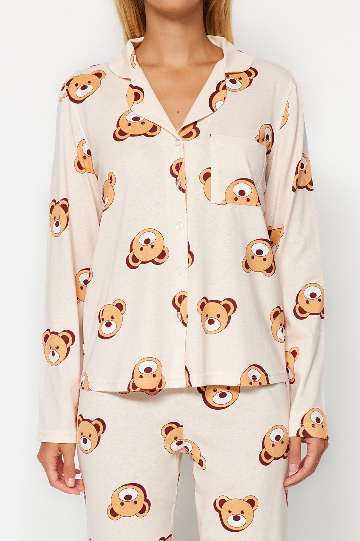 Ecru 100% Cotton Teddy Bear Patterned Shirt-Pants Knitted Pajama Set THMAW24PT00002, 2s, , large image number 3