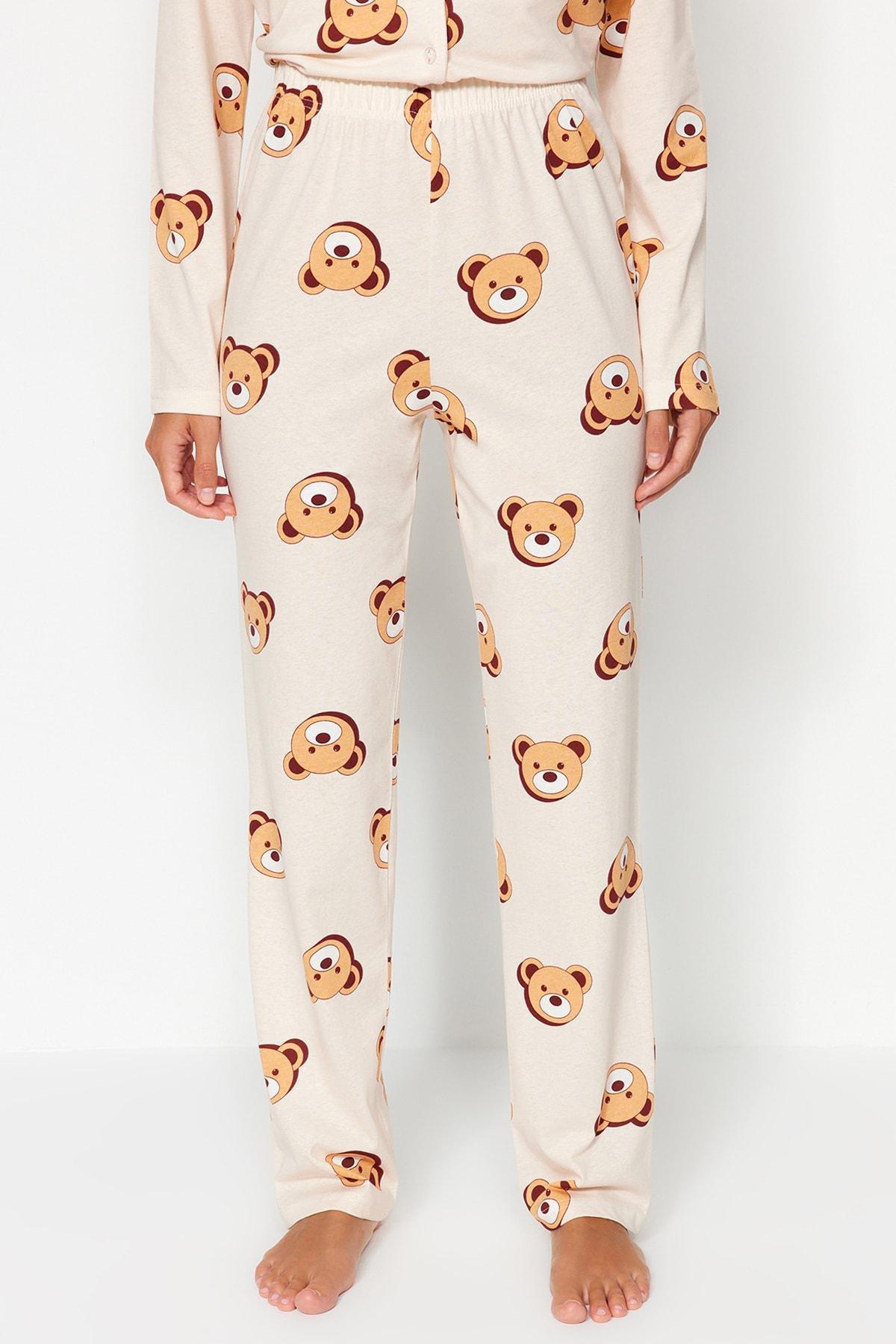 Ecru 100% Cotton Teddy Bear Patterned Shirt-Pants Knitted Pajama Set THMAW24PT00002, 2s, , large image number 4