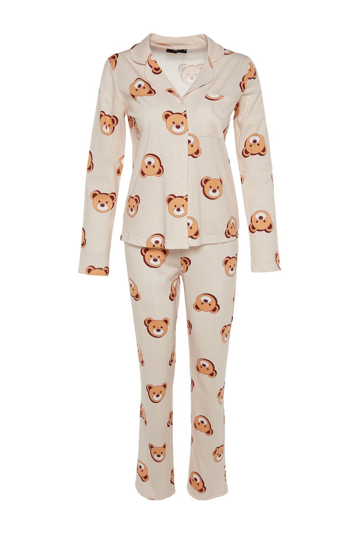Ecru 100% Cotton Teddy Bear Patterned Shirt-Pants Knitted Pajama Set THMAW24PT00002, 2s, , large image number 5