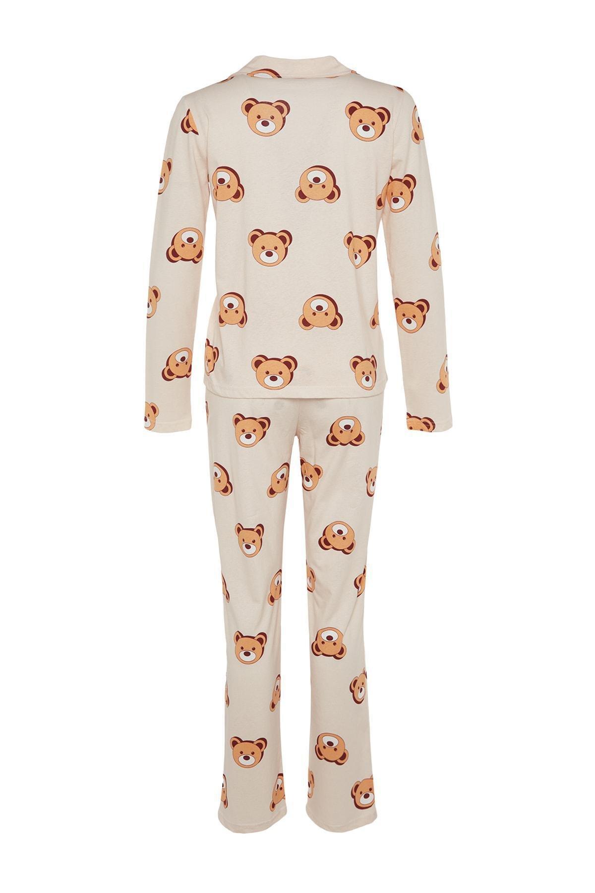 Ecru 100% Cotton Teddy Bear Patterned Shirt-Pants Knitted Pajama Set THMAW24PT00002, 2s, , large image number 6