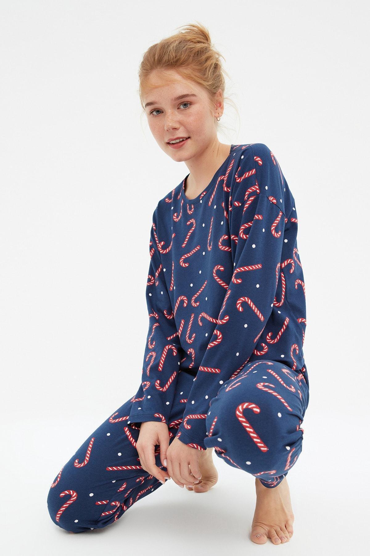 Trendyol - Navy Cotton New Year Themed Pajama Set