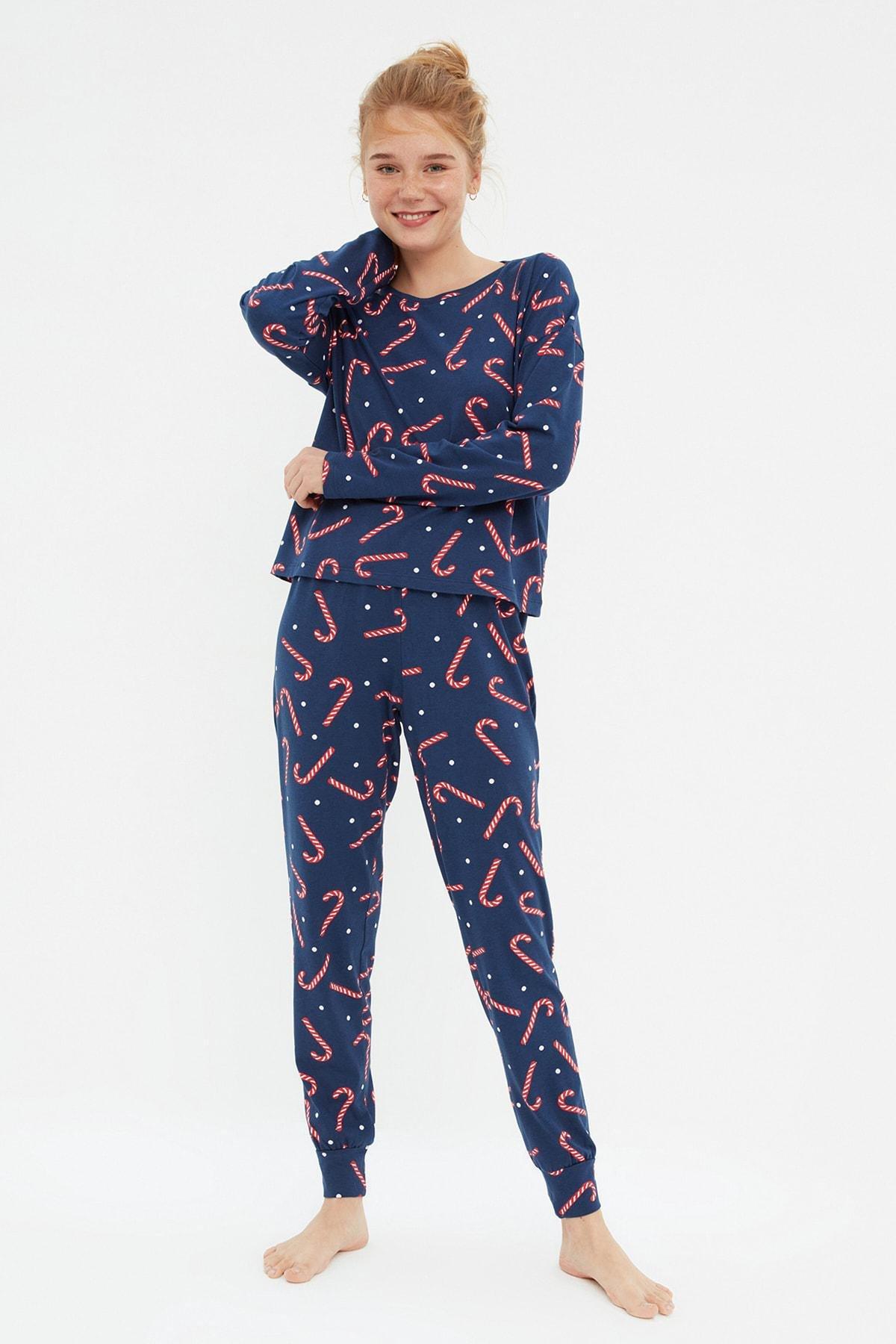 Trendyol - Navy Cotton New Year Themed Pajama Set