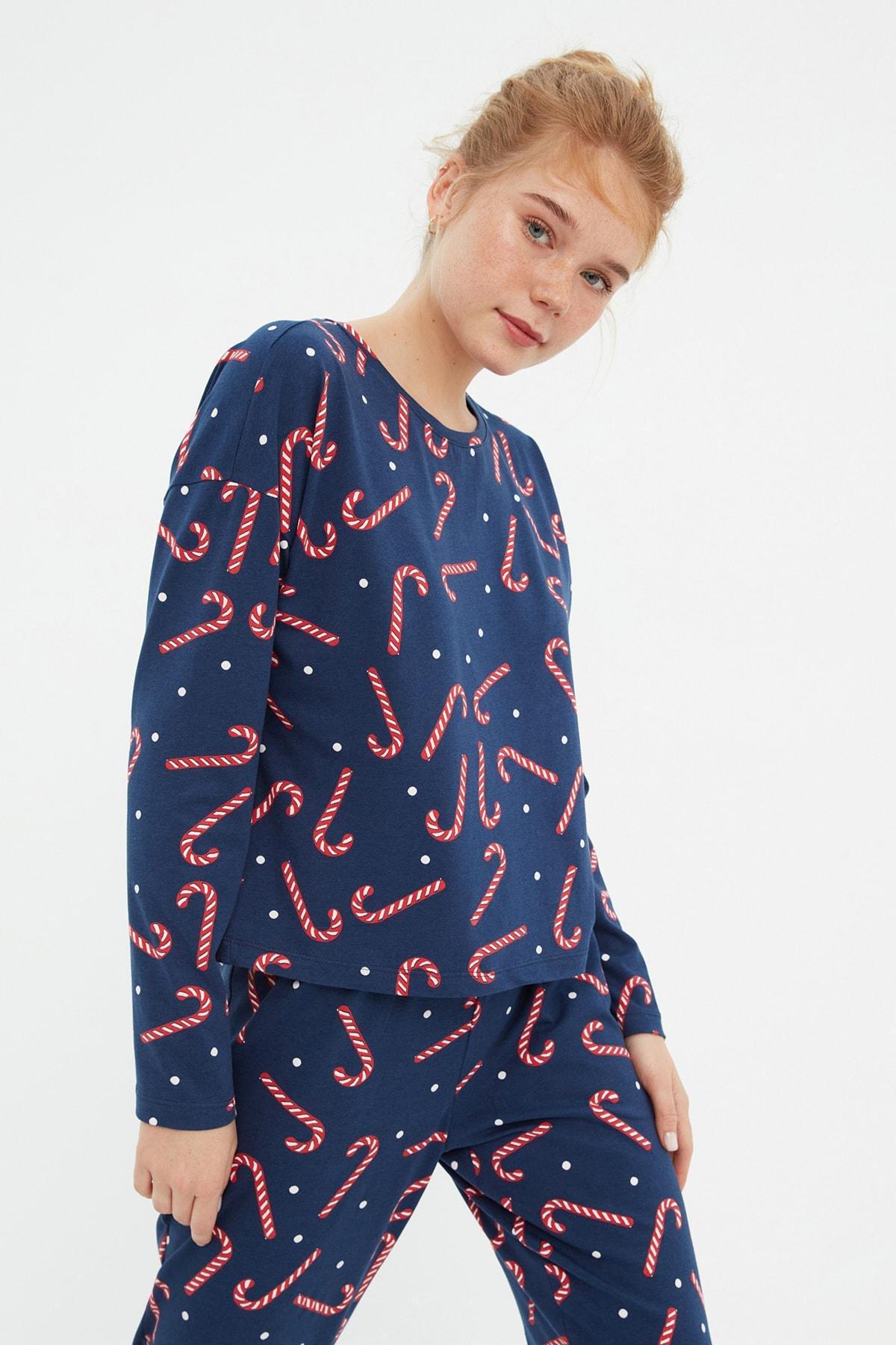 Trendyol - Navy Cotton New Year Themed Pajama Set