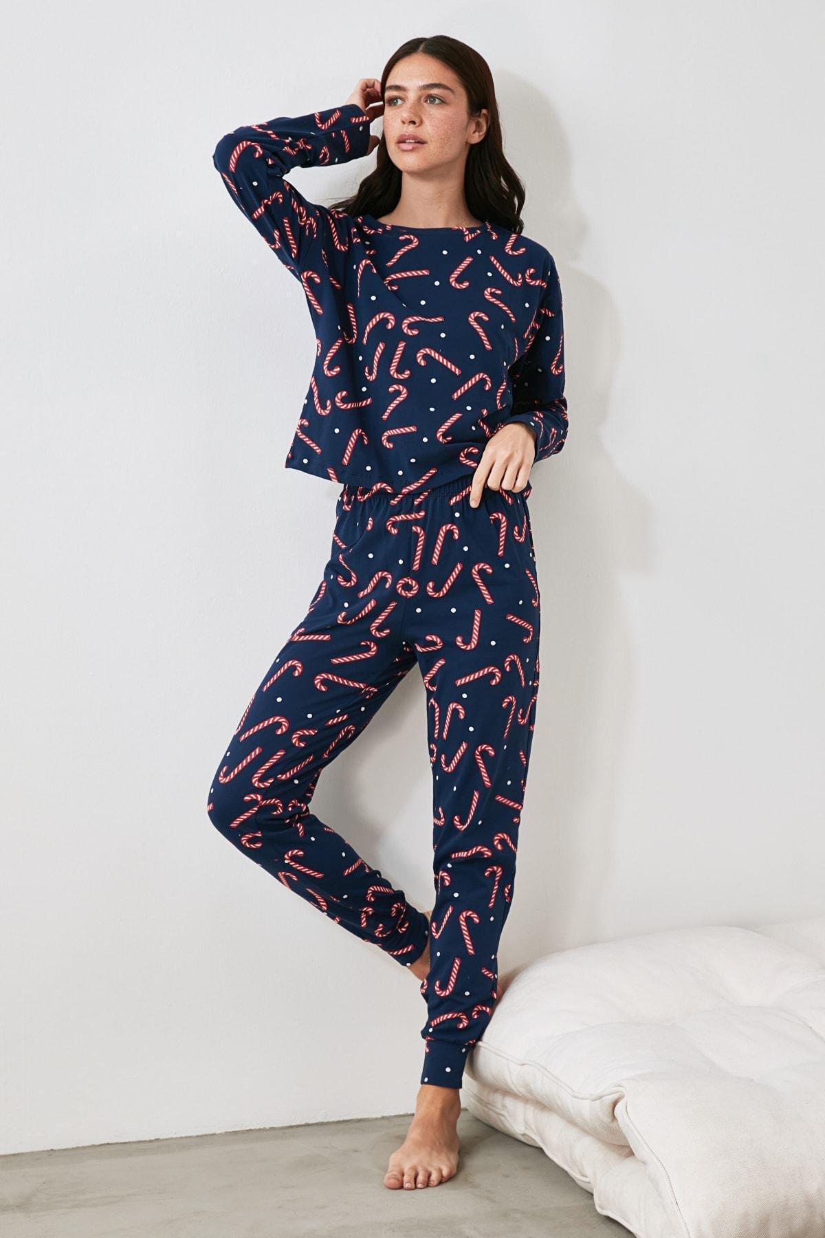 Trendyol - Navy Cotton New Year Themed Pajama Set