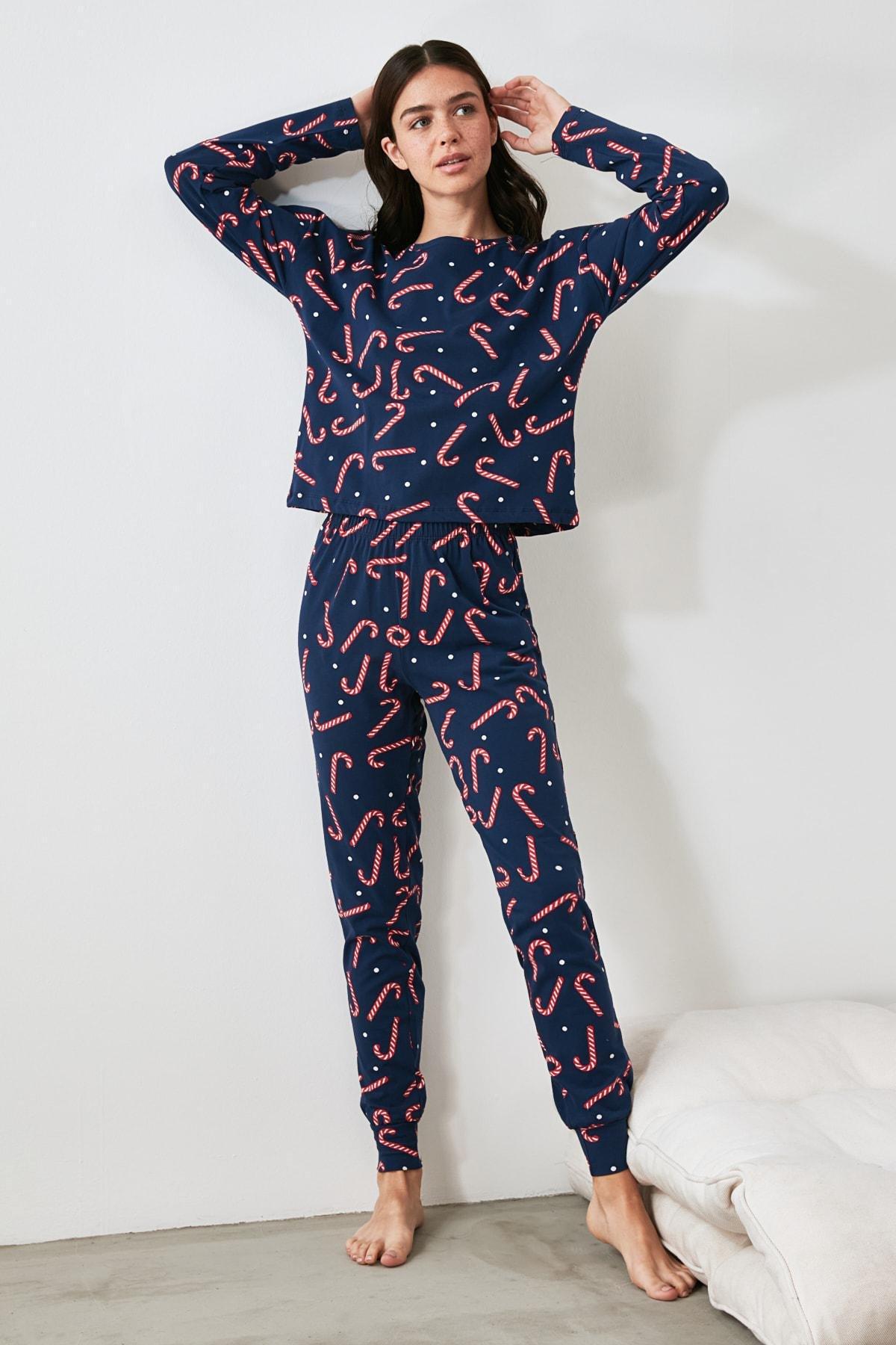 Trendyol - Navy Cotton New Year Themed Pajama Set