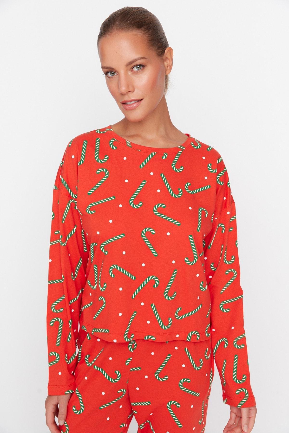 Red Crew Neck Pajama Set, Red, large image number 0
