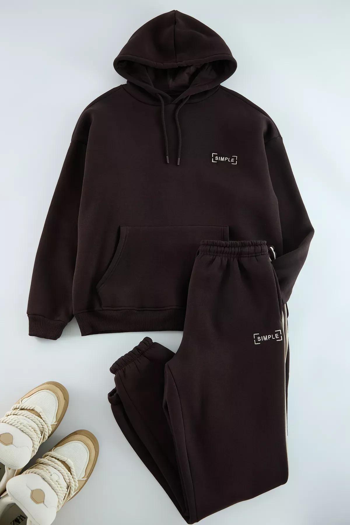 Brown Hooded Embroidered Fleece Sweatshirt, , large image number 0