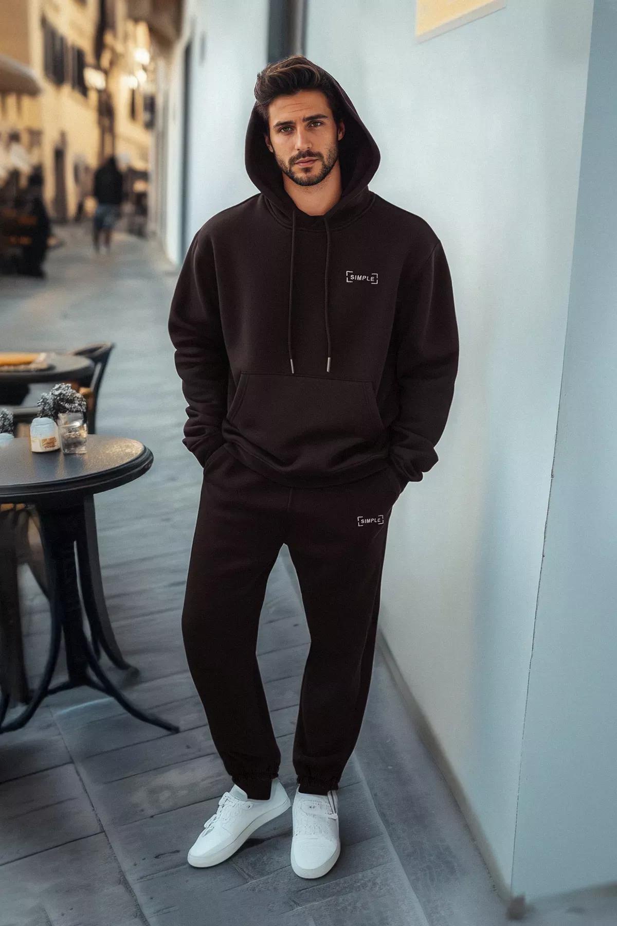 Brown Hooded Embroidered Fleece Sweatshirt, , large image number 1