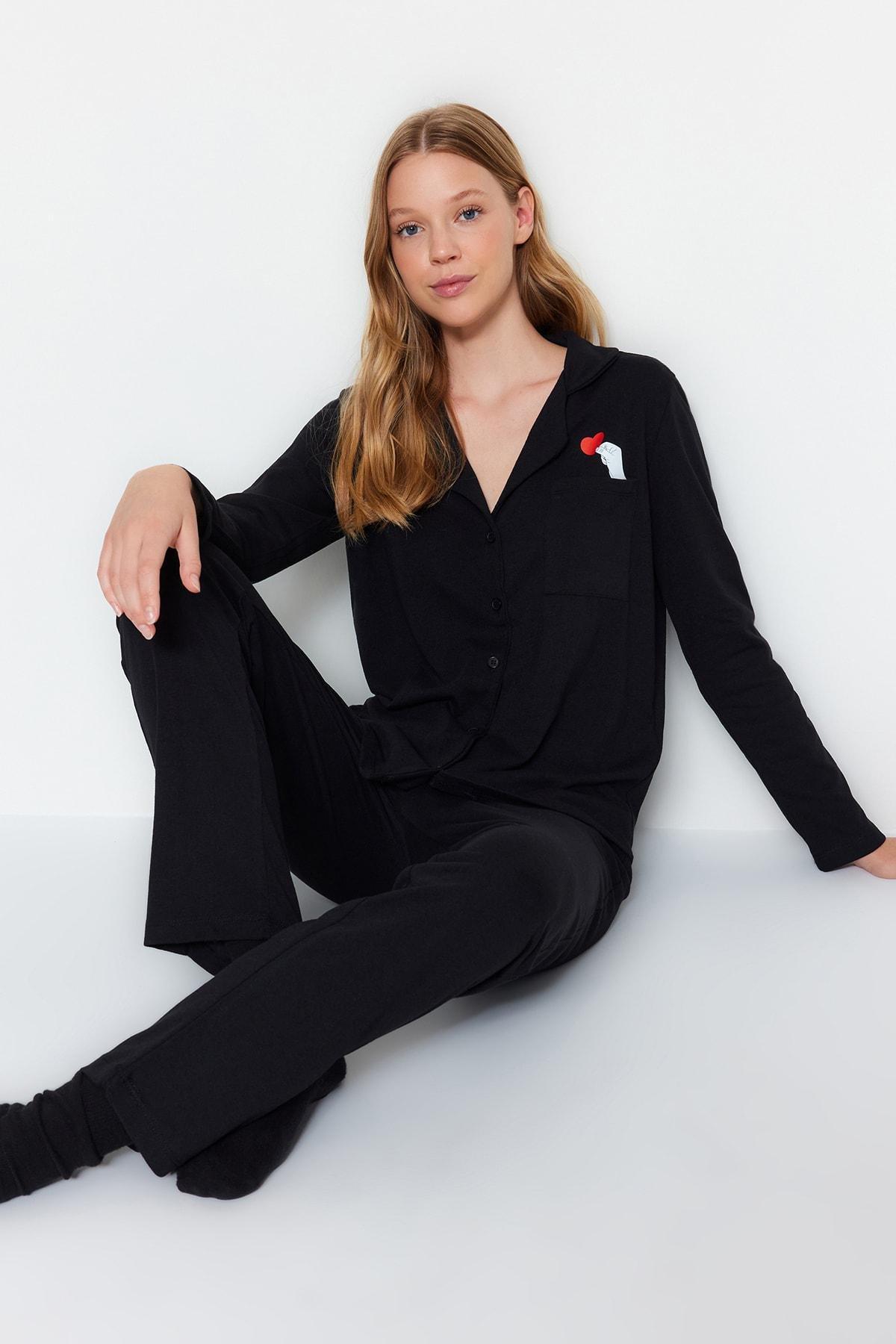 Black Printed Knitted Pyjamas Set, , large image number 0