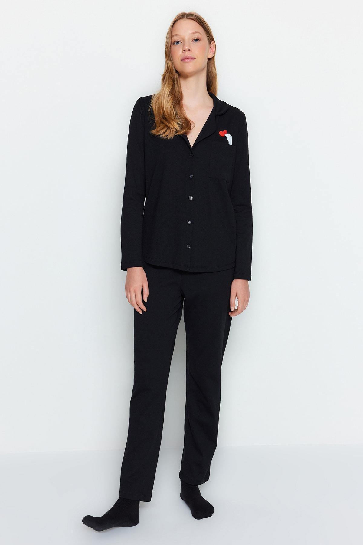 Black Printed Knitted Pyjamas Set, , large image number 1