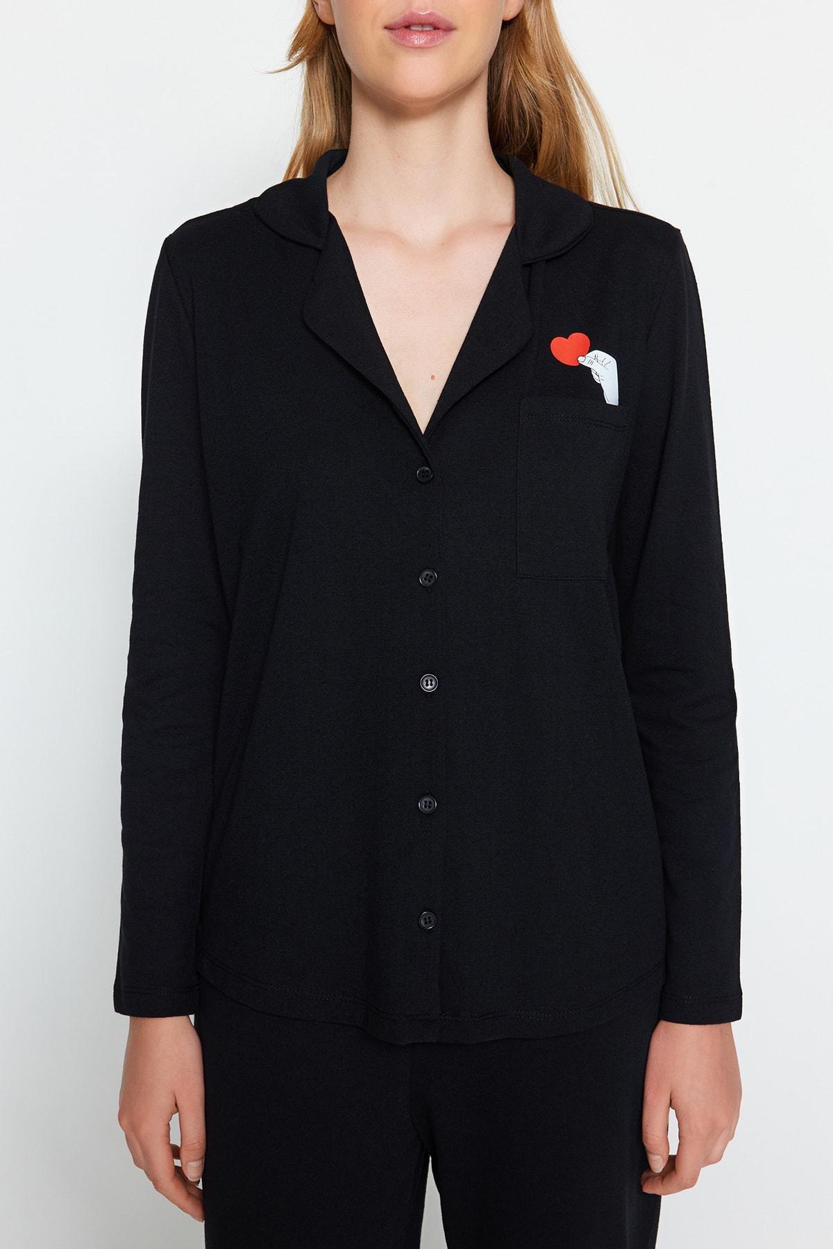 Black Printed Knitted Pyjamas Set, , medium