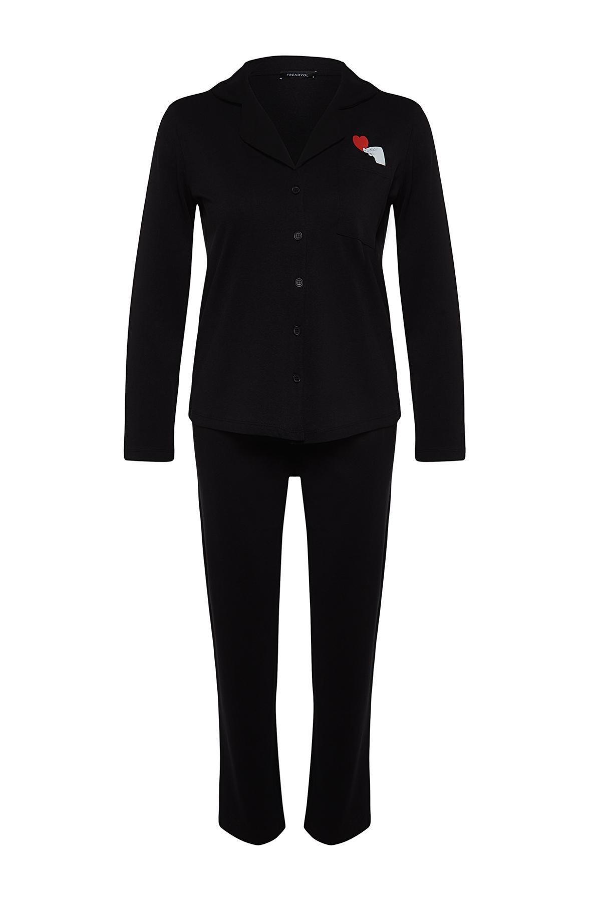 Black Printed Knitted Pyjamas Set, , large image number 7